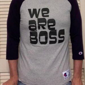 MENS GRAY BLACK BASEBALL RINGER ELBOW SLEEVE WE ARE BOSS SHIRT CHAMPION